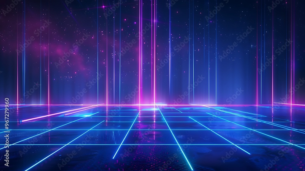 Vibrant neon lines and beams create a futuristic landscape with glowing patterns and a cosmic background, perfect for digital art. Stage for product presentation. Vibrant neon lines and beams create a futuristic landscape with glowing patterns and a cosmic background, perfect for digital art. Stage for product presentation.