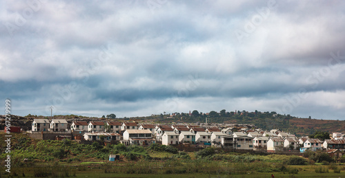 Residential area in a suburban neighborhood near Antananarivo, Madagascar under cloudy skies