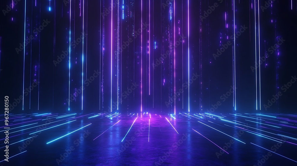 Vibrant neon lines create an energetic atmosphere in this futuristic digital space, perfect for technology-themed visuals. Stage for product presentation. Vibrant neon lines create an energetic atmosphere in this futuristic digital space, perfect for technology-themed visuals. Stage for product presentation.