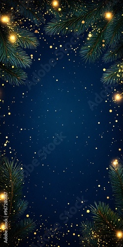 Festive Christmas Background with Pine Branches and Glowing Lights Decorations