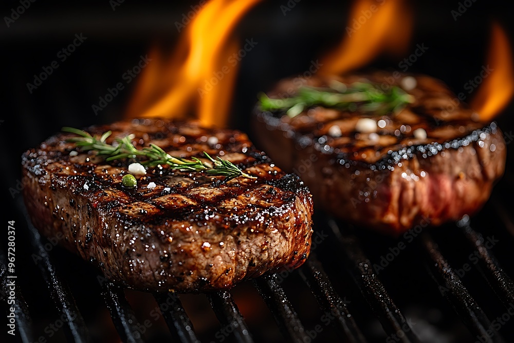 Two juicy steaks grilling on a barbecue with flames. Two juicy steaks grilling on a barbecue with flames.