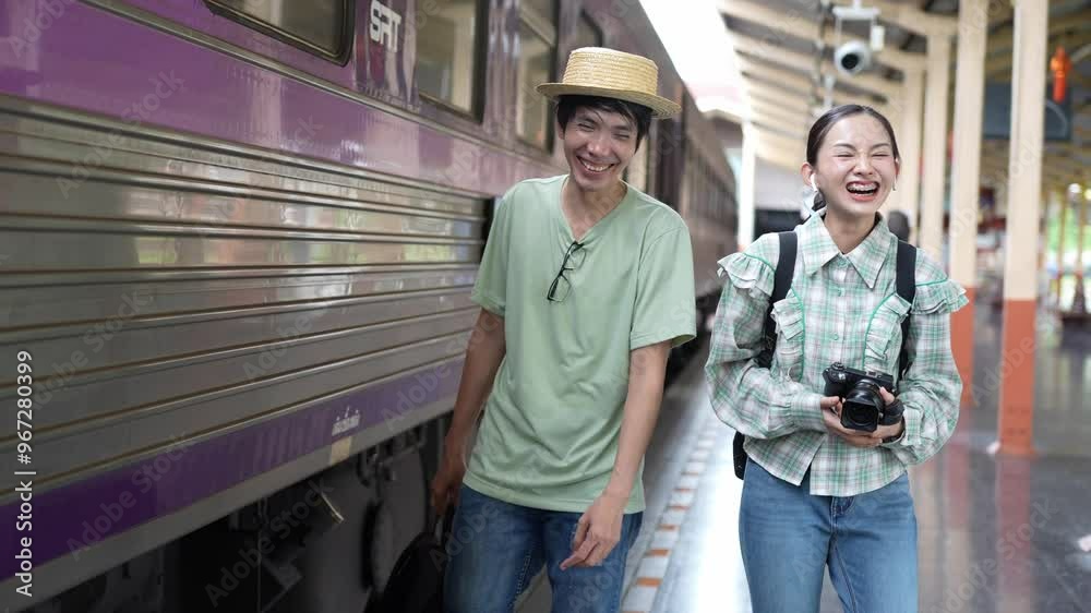 Two male and female tourists prepare to travel by train in tourism. 4K slow motion video. Two male and female tourists prepare to travel by train in tourism. 4K slow motion video.