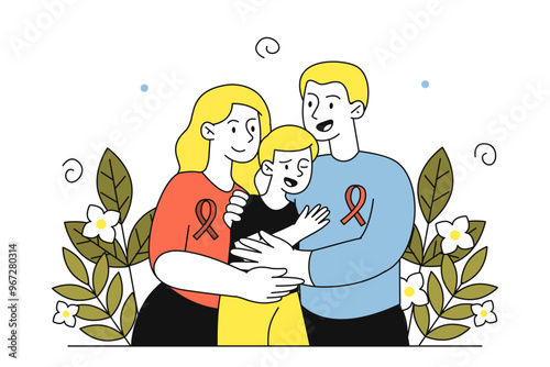 Tourette syndrome family. Man and woman hug boy. People with neurological problems. Healthcare and medicine. Mental and psychological disorder. Tolerance and neurodiversity. Linear vector illustration