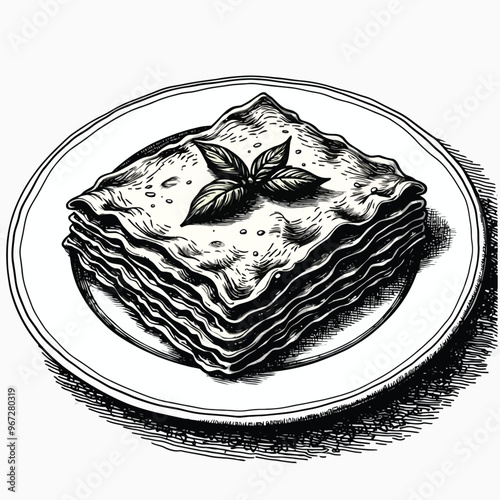 Black and white hand-drawn illustration of a plate of lasagna with basil on top