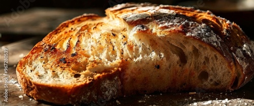 Close-up of a freshly baked artisan loaf of rustic bread, showcasing its golden, crispy crust and soft, airy interior. The warm sunlight highlights the texture, making it look inviting and delicious. photo