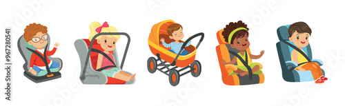 Little Baby Kid Sit in Carriage or Pram and Car Seat Vector Set