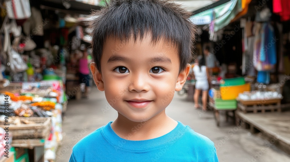 A young boy is smiling in front of a market. The boy is wearing a blue shirt. The market is filled with people and various items for sale A young boy is smiling in front of a market. The boy is wearing a blue shirt. The market is filled with people and various items for sale