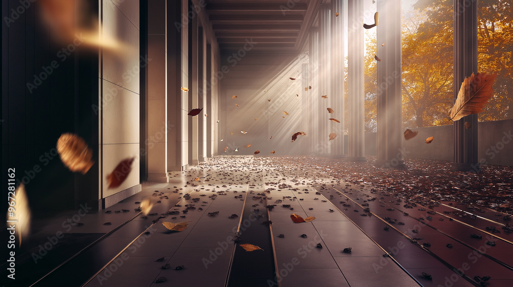 Obraz premium Futuristic architecture with autumn trees and piles of fallen leaves