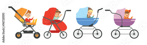 Little Baby Kid Sit in Carriage or Pram Seat Vector Set