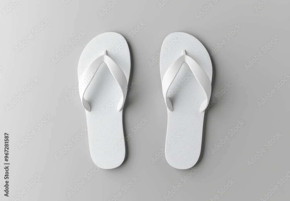 White beach slippers, mock up using clipping paths and 3D illustration. Home plain flip flop mockup template. Display clear bath sandals. Bed shoes. White beach slippers, mock up using clipping paths and 3D illustration. Home plain flip flop mockup template. Display clear bath sandals. Bed shoes.