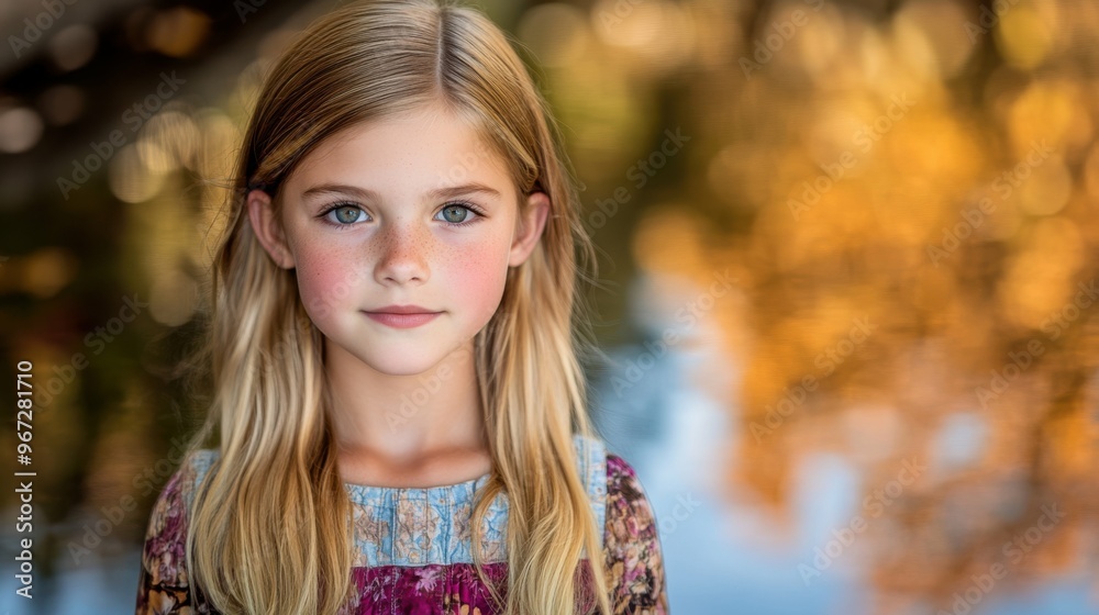 A young girl with blonde hair and blue eyes is smiling for the camera. She is wearing a purple dress and is standing in front of a body of water A young girl with blonde hair and blue eyes is smiling for the camera. She is wearing a purple dress and is standing in front of a body of water