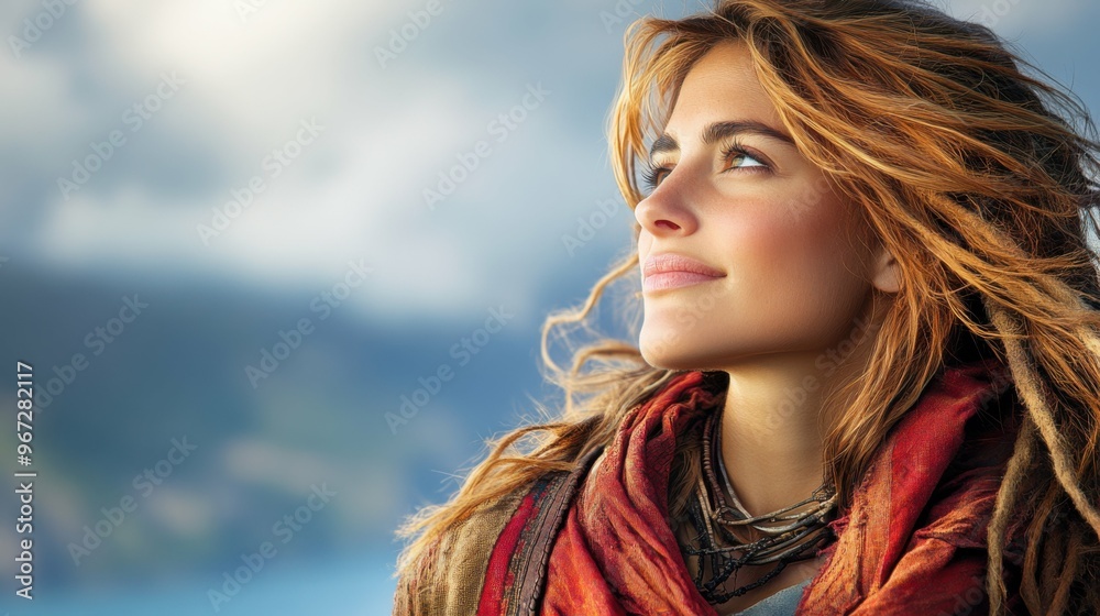 A woman with long red hair and a red scarf is smiling and looking out at the ocean. Concept of peace and contentment, as the woman seems to be enjoying the beautiful view and the warmth of the scarf A woman with long red hair and a red scarf is smiling and looking out at the ocean. Concept of peace and contentment, as the woman seems to be enjoying the beautiful view and the warmth of the scarf
