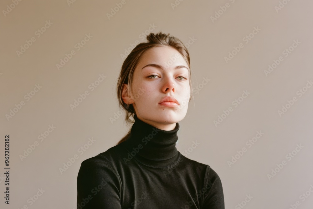 Fototapeta premium A young woman in a black turtleneck top, looking composed and serene, faces the camera against a simple, neutral background.