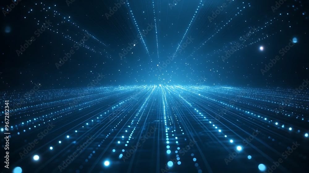 Fototapeta premium A captivating view of a futuristic digital space with glowing particles and beams of light creating a dynamic visual experience.