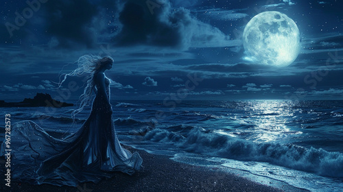 A beautiful selkie with shimmering skin, holding her sealskin cloak, standing by the ocean's edge under a full moon. photo