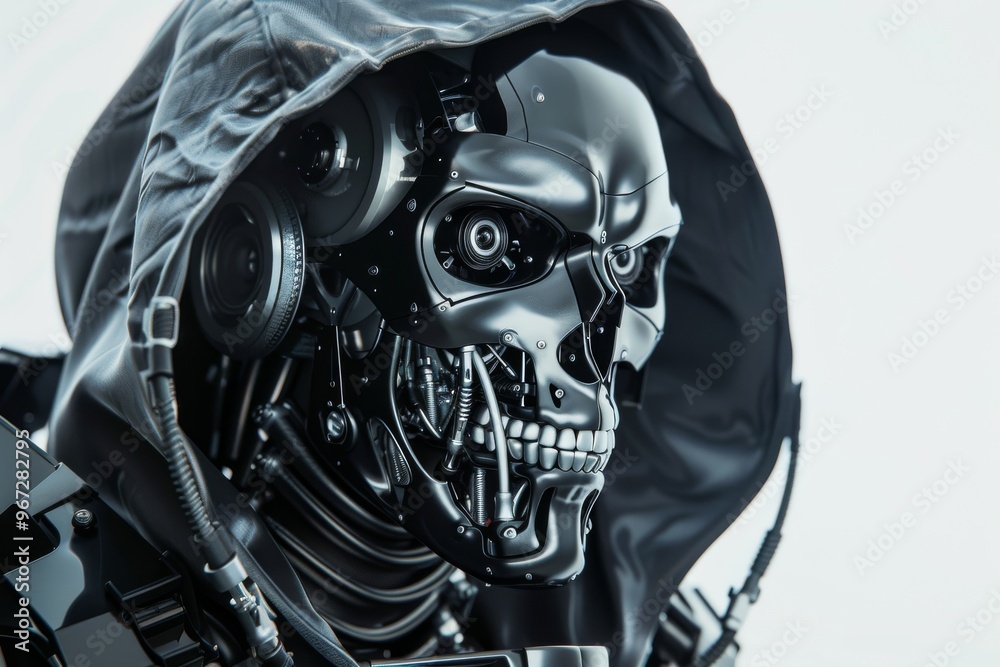 A menacing futuristic robot with a visible skull structure and intricate mechanical details, shrouded in a dark hood. A menacing futuristic robot with a visible skull structure and intricate mechanical details, shrouded in a dark hood.