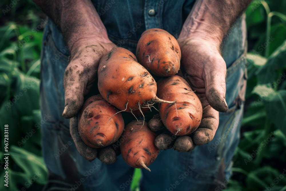 Hands holding freshly harvested sweet potatoes, rich with earthy tones and textures, symbolizing farming and the fruits of labor. Hands holding freshly harvested sweet potatoes, rich with earthy tones and textures, symbolizing farming and the fruits of labor.