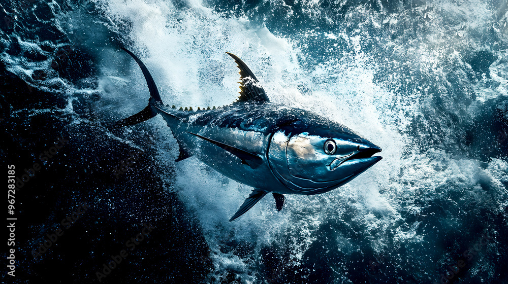 Fototapeta premium powerful image of a tuna fish leaving the water, its strong body in motion as ocean spray surrounds it in dynamic arcs