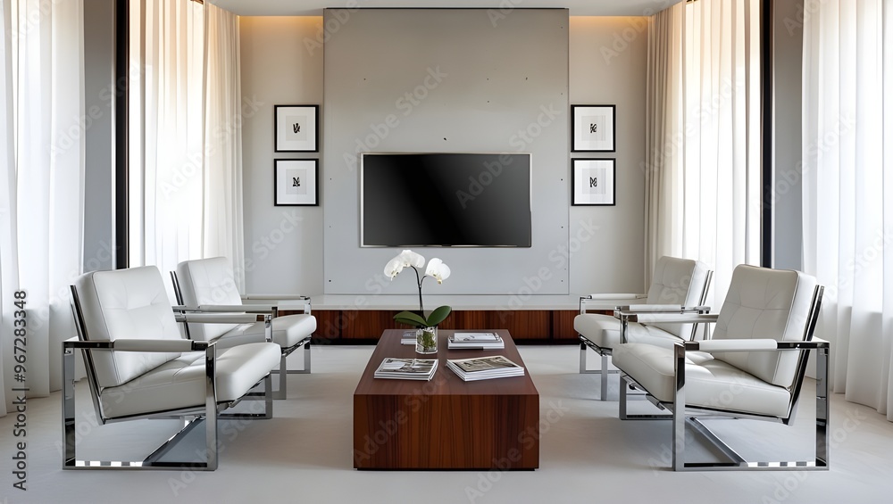 Fototapeta premium Modern minimalist apartment interior living room with 8K TV screen.