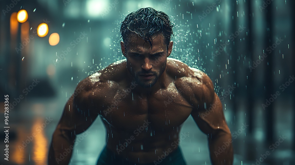 Dramatic gym scene with an individual engaging in high-intensity exercises for endurance and cardiovascular fitness. 3D realistic illustration captures the strength and cinematic aspects