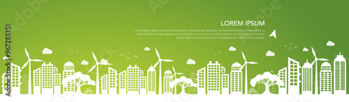 Sustainability vector illustration. Concept green energy, Eco-friendly building, sustainable industry, windmills and solar energy. Green background.