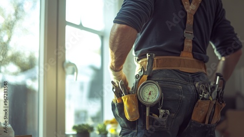 A skilled worker wearing a tool belt, standing in a sunlit interior, ready for the next project with various tools at hand.