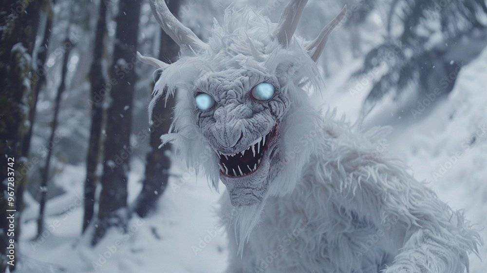 A snow-white wendigo with icy blue eyes, standing in a snowy forest, its breath visible in the cold air as it smiles eerily.