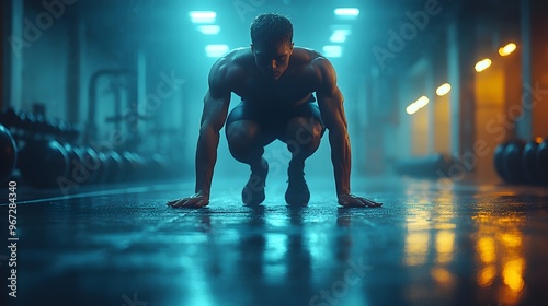 Powerful exercise scene in a gym with an individual pushing their limits, showcasing endurance and strength training. 3D realistic illustration captures the cinematic feel and focus on cardiovascular