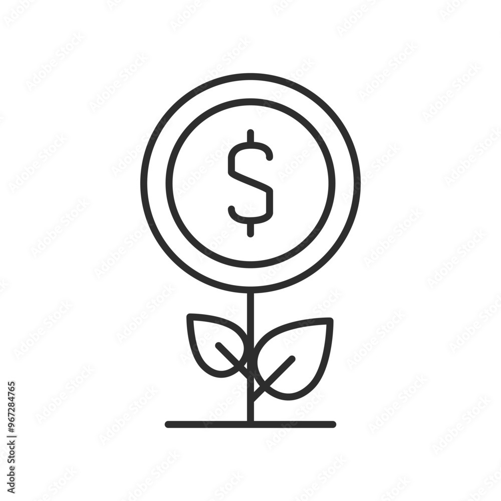 Money grow plant icon with leaf and dollar sign. Thin line editable stroke vector illustration. Money grow plant icon with leaf and dollar sign. Thin line editable stroke vector illustration.
