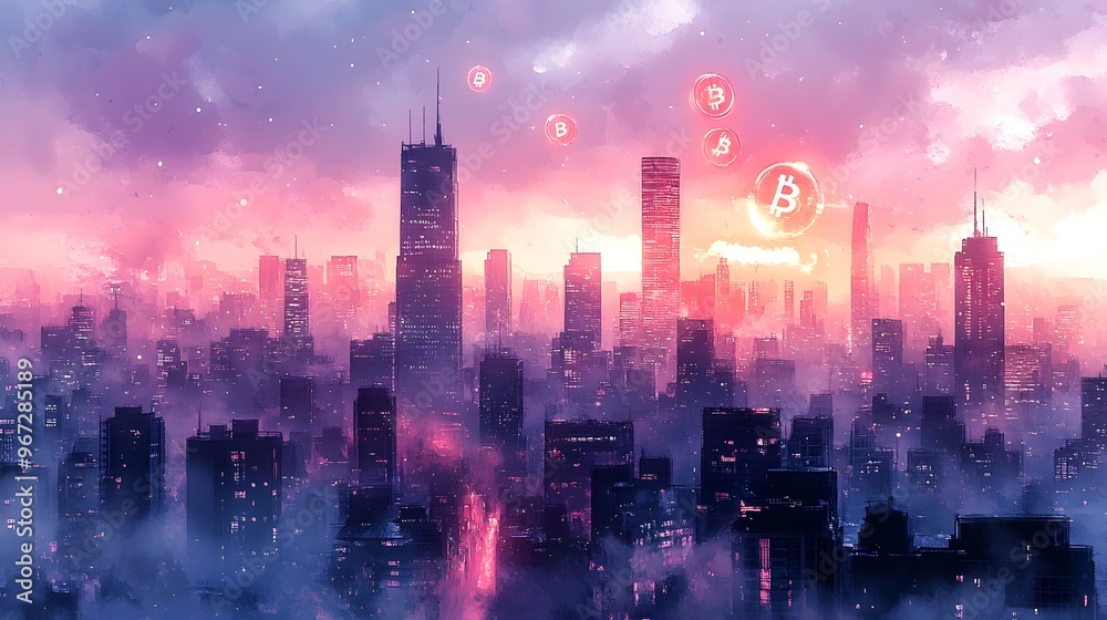 Fototapeta premium Impressionistic Futuristic City Skyline with Floating Cryptocurrency Symbols