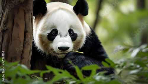 Intimate portrait of a Giant Panda nestled in a lush forest setting photo