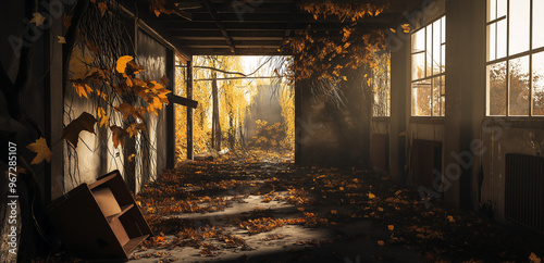 Photo of abandoned old building with autumn trees and foliage