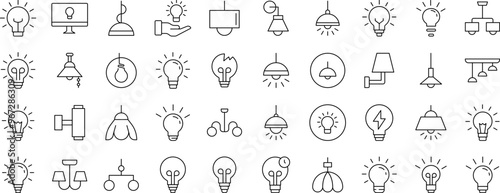 Light Bulbs, Lamps, Chandeliers Thin Icons Collection. Editable Stroke. Suitable for Web Sites, Books, Cards, Apps