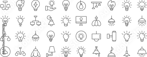 Light Bulbs, Lamps, Chandeliers Outline Simple Linear Image Collection. Editable Stroke. Suitable for Web Sites, Books, Cards, Apps