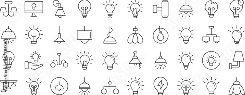 Light Bulbs, Lamps, Chandeliers Collection of Thin Icons. Editable Stroke. Suitable for Web Sites, Books, Cards, Apps