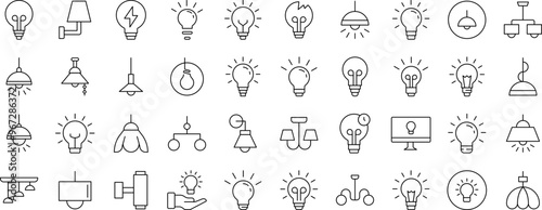 Light Bulbs, Lamps, Chandeliers Set of Thin Icons. Editable Stroke. Suitable for Web Sites, Books, Cards, Apps