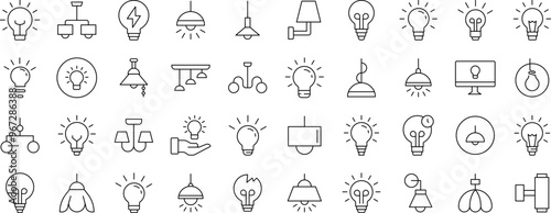 Light Bulbs, Lamps, Chandeliers Pack of Thin Icons. Editable Stroke. Suitable for Web Sites, Books, Cards, Apps