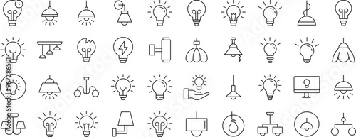 Light Bulbs, Lamps, Chandeliers Related Icon Set. Editable Stroke. Suitable for Web Sites, Books, Cards, Apps