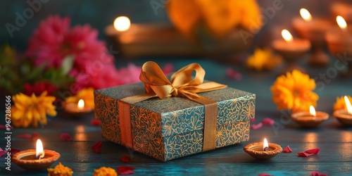 Beautifully wrapped Diwali gift boxes adorned with flowers and lit diyas on a wooden table glowing with festive light photo