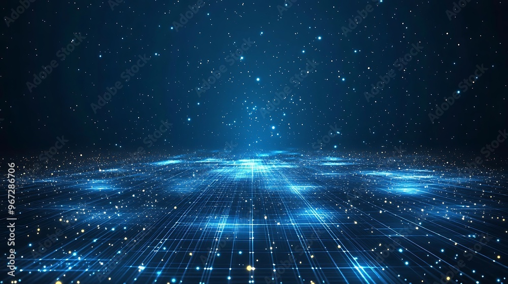 A mesmerizing blue digital landscape filled with sparkling lights and grid patterns, creating a futuristic atmosphere. A mesmerizing blue digital landscape filled with sparkling lights and grid patterns, creating a futuristic atmosphere.