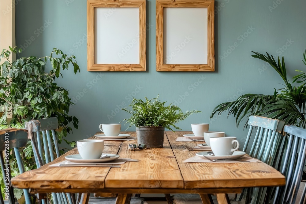 Fototapeta premium A sunny and stylish kitchen space with a wooden table and brown mock-up photo frame, designer chairs, and a bamboo shelf. A Scandinavian room decor with kitchen accessories and beautiful plants.