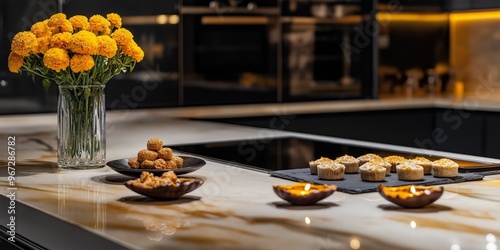 Modern kitchen island adorned with Diwali diyas and marigolds, showcasing festive sweets in a stylish apartment setting photo