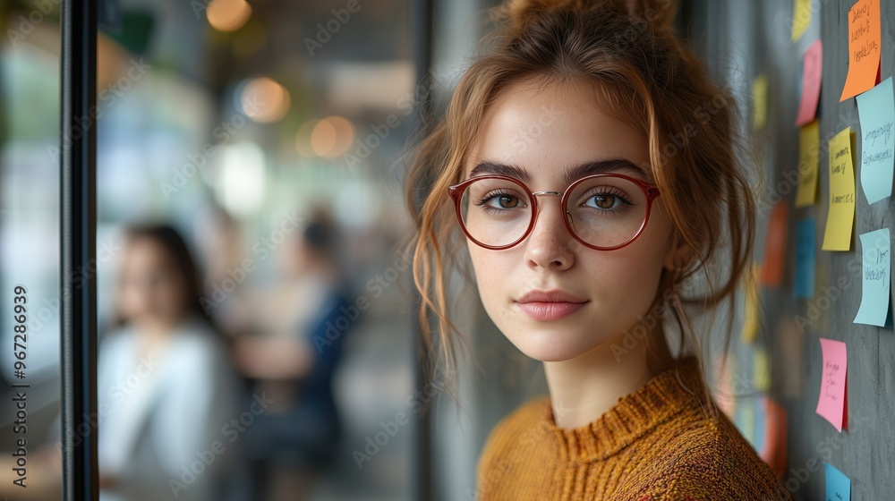 Young woman wearing glasses stands thoughtfully next to a wall covered in colorful sticky notes, representing creativity, strategic planning, and innovation in business. Young woman wearing glasses stands thoughtfully next to a wall covered in colorful sticky notes, representing creativity, strategic planning, and innovation in business.