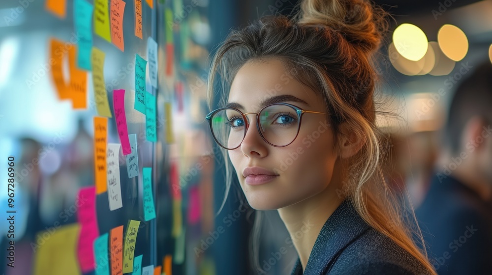 Woman with glasses gazes confidently while standing beside a wall full of colorful sticky notes, symbolizing business ideas, project management, and creative teamwork.