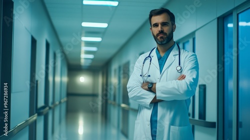 A serious doctor stands confidently in a hospital corridor, embodying professionalism and care.