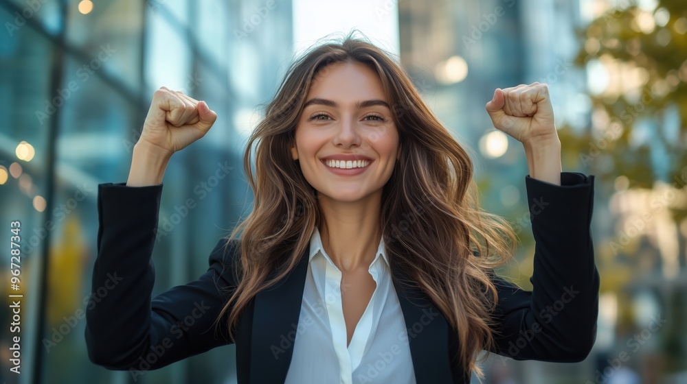 Smiling businesswoman celebrating her success outdoors, raising her fists in excitement, symbolizing career triumph and business achievements. Smiling businesswoman celebrating her success outdoors, raising her fists in excitement, symbolizing career triumph and business achievements.