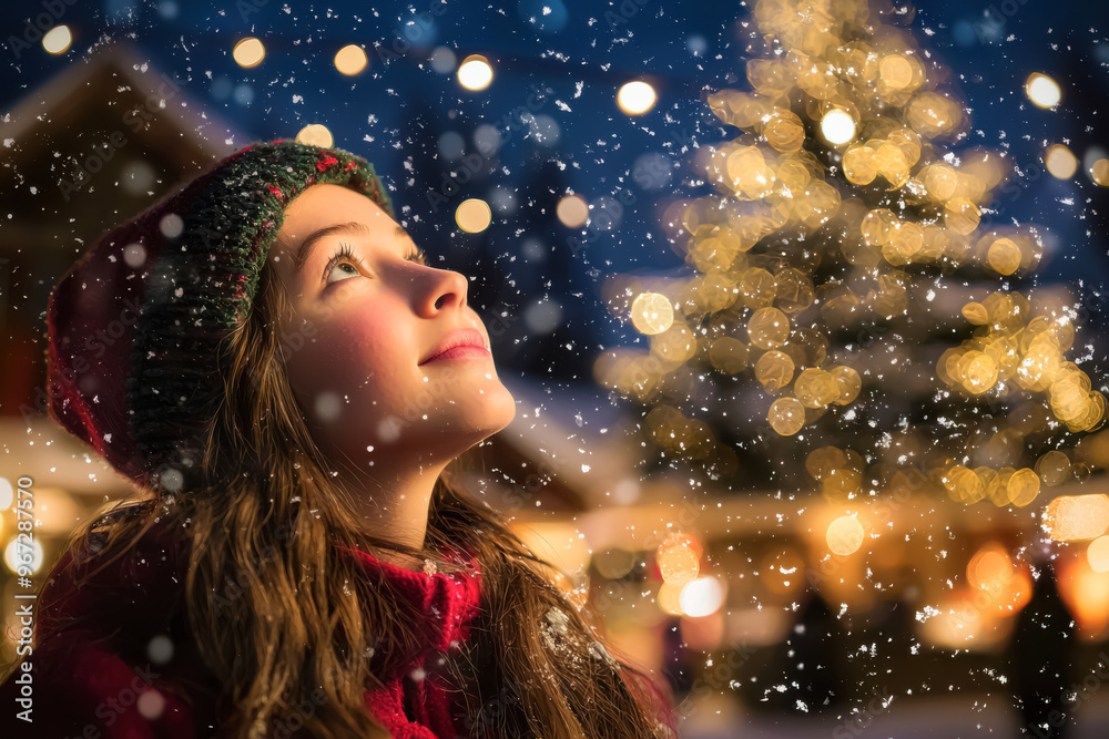 Young Girl's Christmas Dream. A Caucasian girl in a festive hat, looking up in awe at a beautifully lit Christmas tree on a snowy evening.
Young Girl's Christmas Dream. A Caucasian girl in a festive hat, looking up in awe at a beautifully lit Christmas tree on a snowy evening.