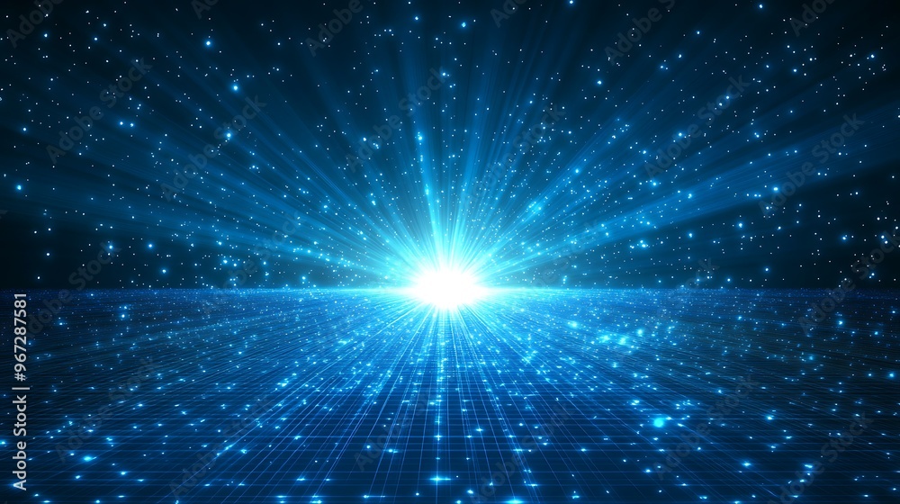 A mesmerizing blue light burst radiates into space, creating a mystical atmosphere filled with shimmering particles. A mesmerizing blue light burst radiates into space, creating a mystical atmosphere filled with shimmering particles.