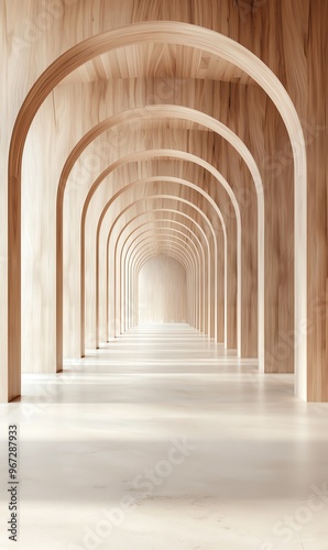 A serene corridor featuring elegant arches and warm wood textures that creates a tranquil and inviting atmosphere.