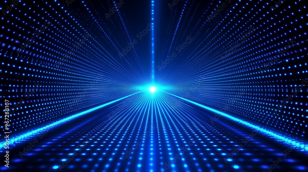A mesmerizing blue light tunnel with vibrant dots radiating from a central source, creating an infinite perspective. A mesmerizing blue light tunnel with vibrant dots radiating from a central source, creating an infinite perspective.